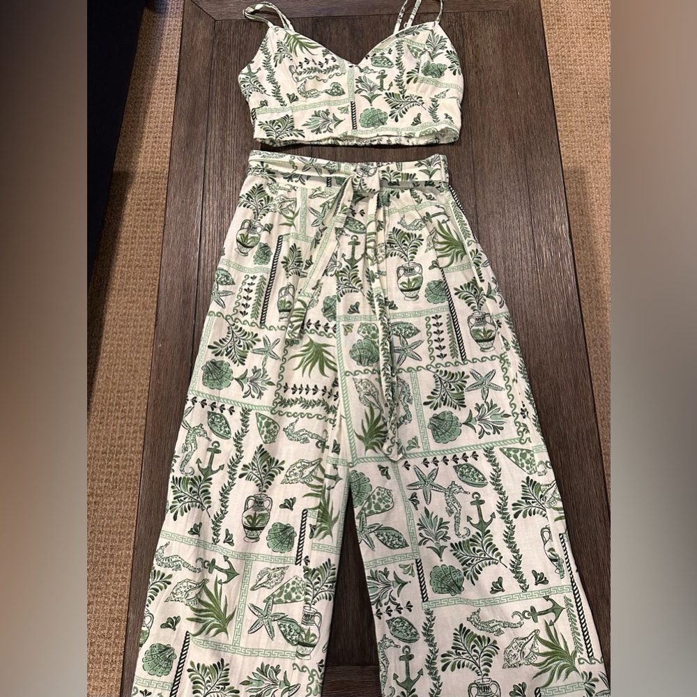 Green Botanical Wide-Leg Jumpsuit Set